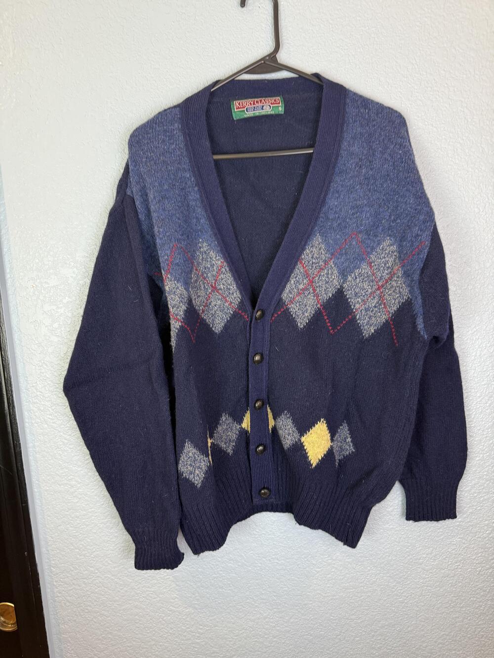 Vintage Kerry Classics Sweater Mens Small Blue Argyle Wool Button Up Ireland 90s